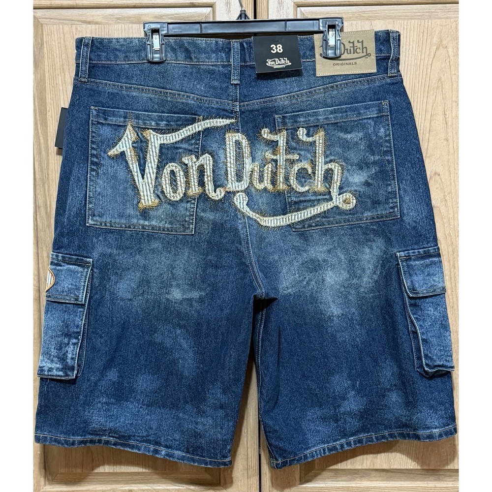 Von Dutch Cargo Jean Shorts Men's Size 38 Y2K Embroidered Logo NWT Denim Utility